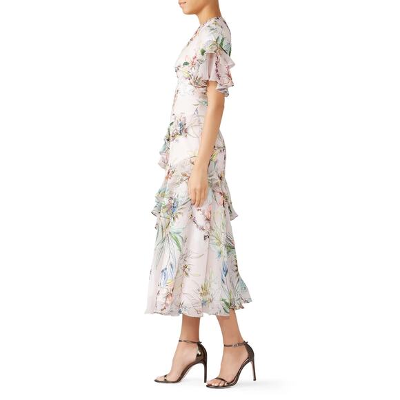 Theia Floral Ruffle Midi Dress Blush Pink Size 2 - Picture 3 of 6